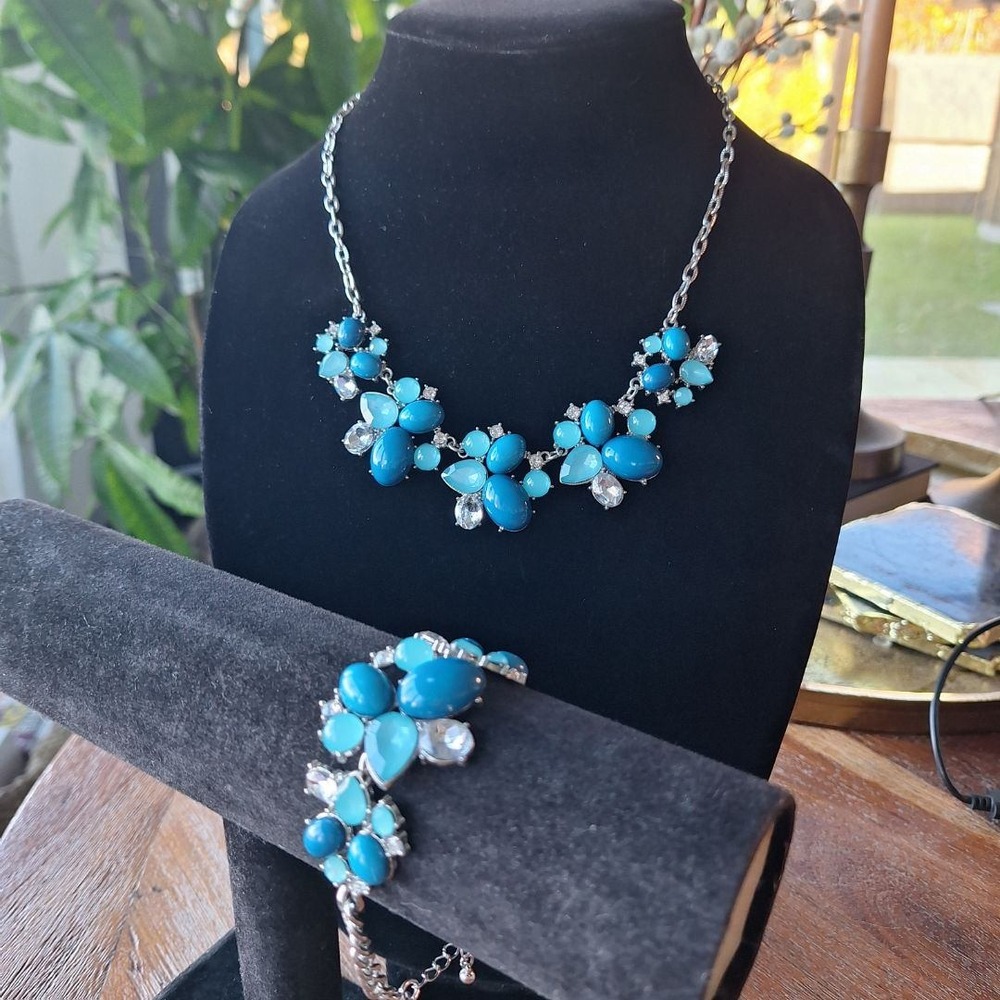 Turquoise Statement Necklace & Bracelet Jewelry Set Colorful Floral‎